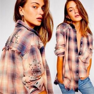 Free People Take Me On Studded Plaid Button-Down Shirt in Pink and Blue